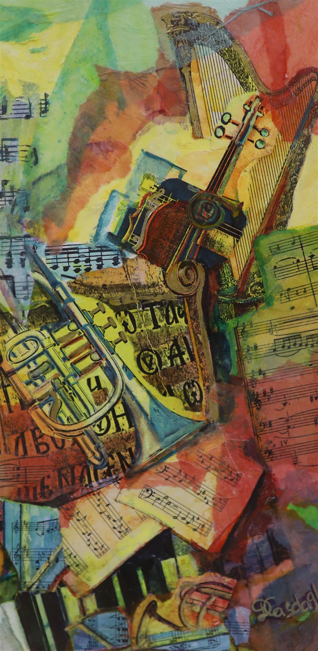 Daphne Casdagli, R.E. , A.R.C.A., watercolour, ink and collage, Words and Music II 1992, signed, label verso, 29 x 14cm